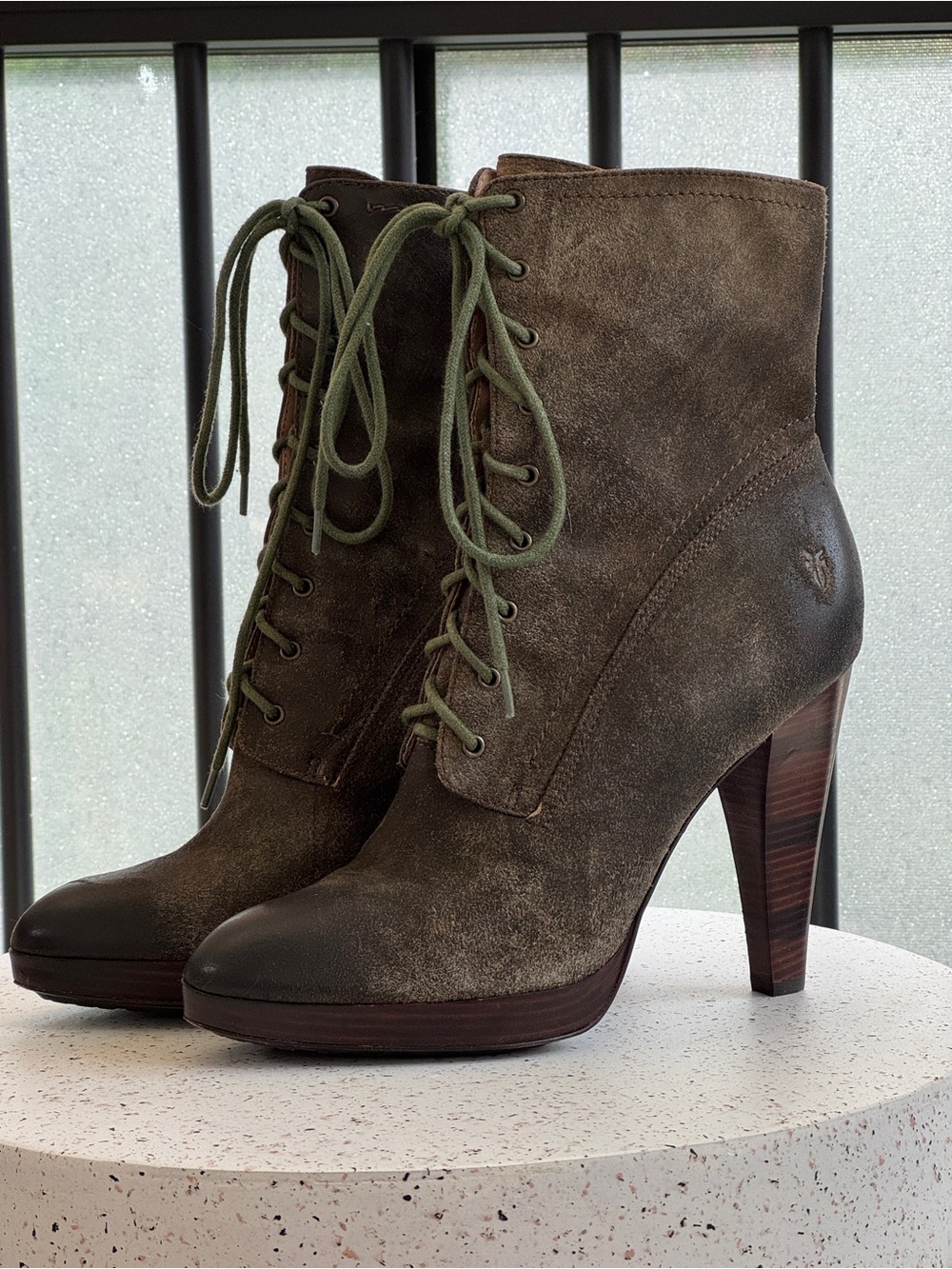 FRYE AND CO. Harlow Olive Suede Lace-Up High Heel Ankle Boots
